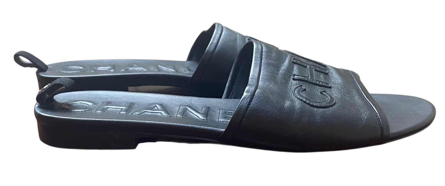 Chanel 2019 Black Leather Letters Logo Flat Slides EU 39.5