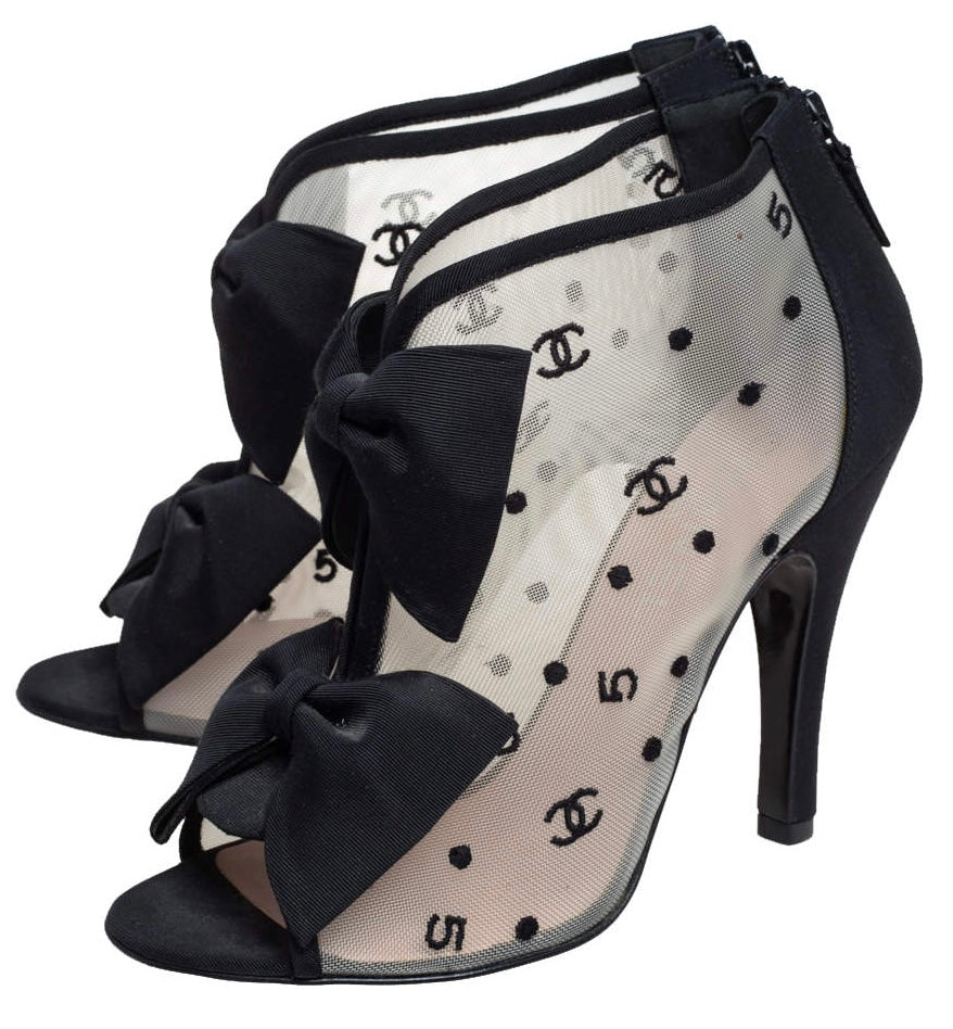 Chanel 09P CC Mesh Open Toe Bowtie Ankle Bootie Heels Size EU 37.5C
