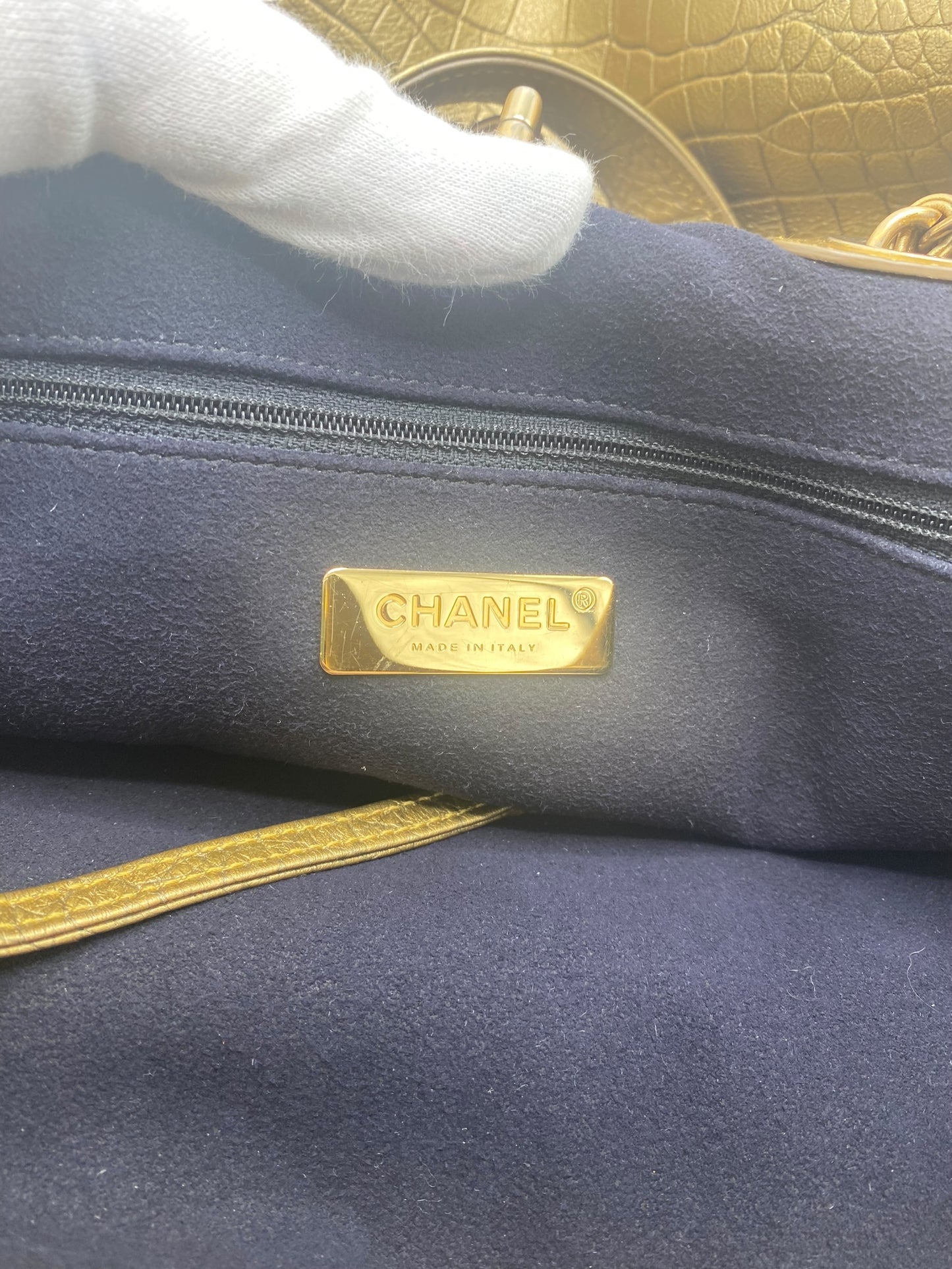 Chanel 19A Paris-New York Egyptian Limited Edition Croc Embossed Gold Leather Shopping Tote