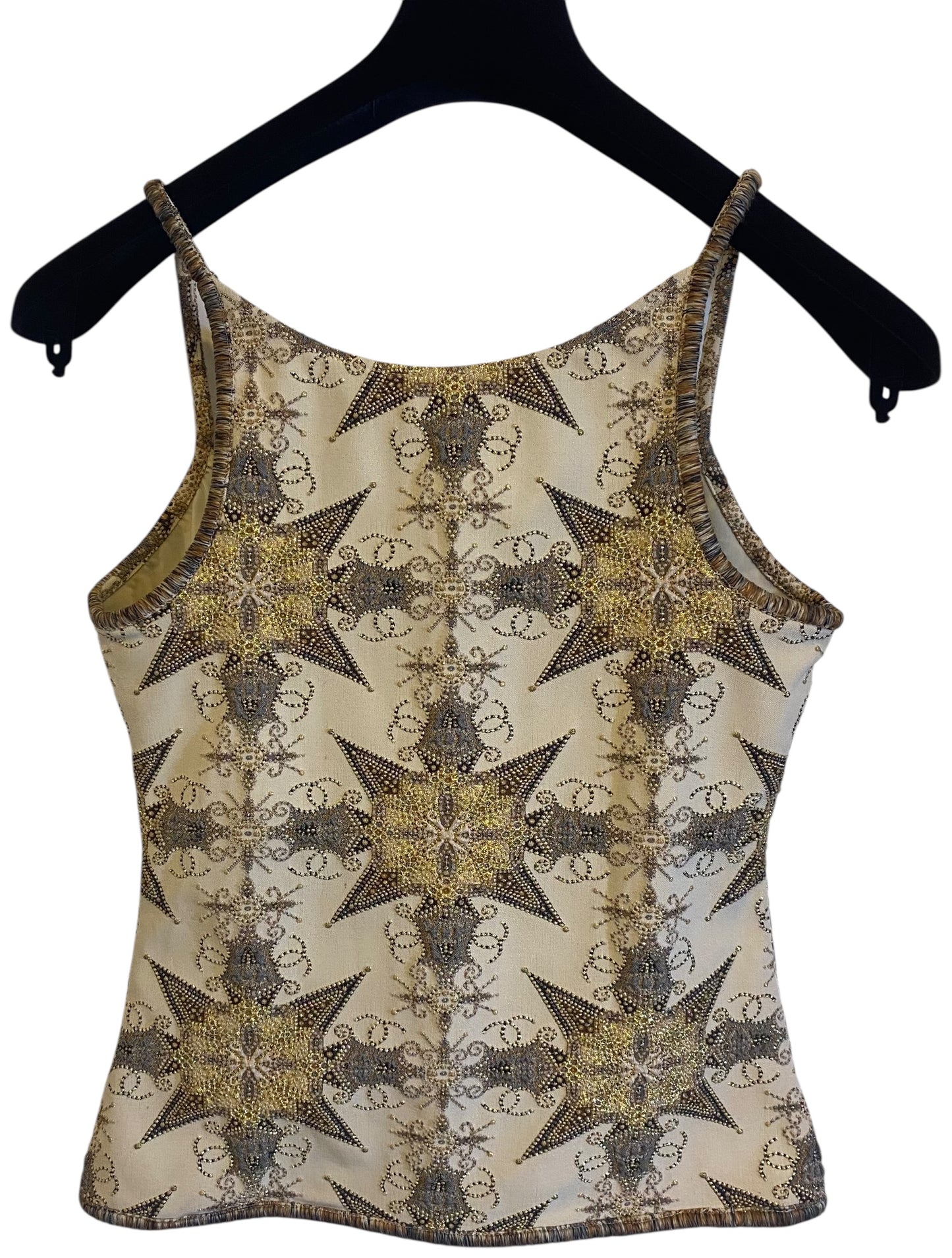 Rare Chanel 06P Ecru Gold Metallic Tank Top Camisole & Matching Shorts SET FR 38