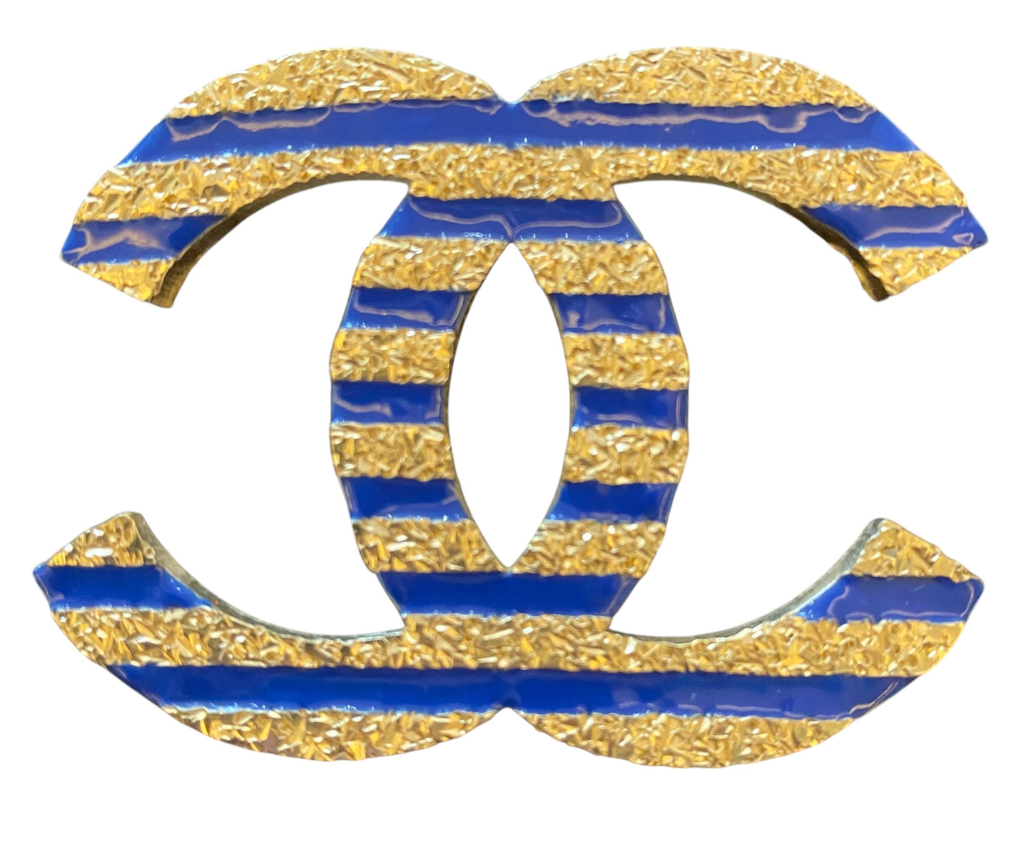 Chanel 19C La Pausa Large Blue Gold Stripe CC Brooch