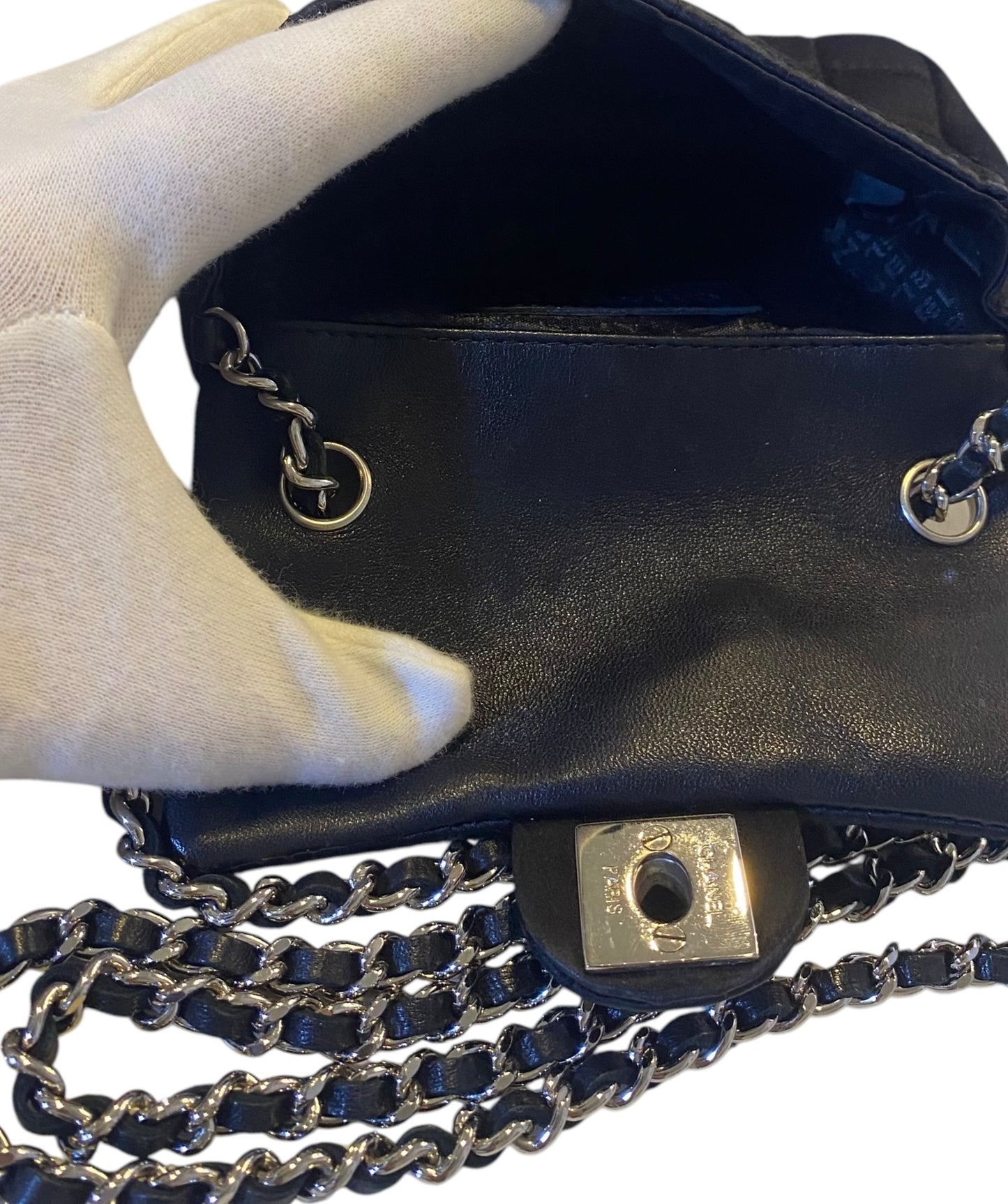Chanel 04A Black Satin Mini Micro Square Quilted Lipstick Mirror Charm Flap Bag