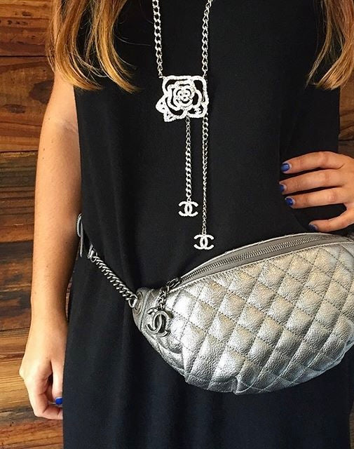 Chanel Classic Quilted Metallic Silver Goatskin Banana Waist Bag Fanny Pack