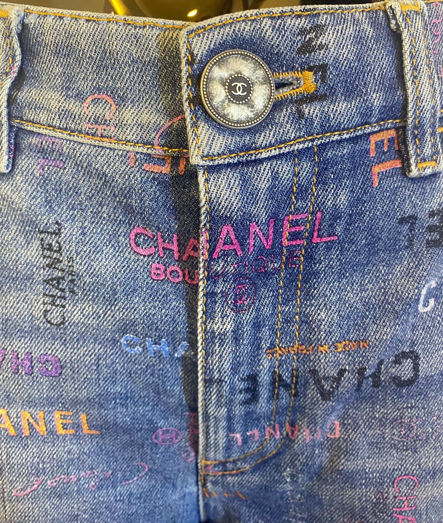 CHANEL 22P Blue & Multicolor Printed Stretch Denim Jeans FR 40