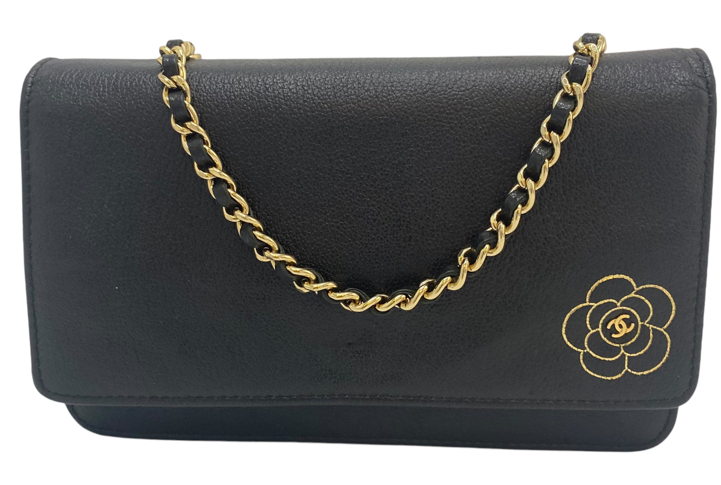 Chanel Grained Black Leather Camellia Wallet On Chain WOC Shoulder Bag GHW