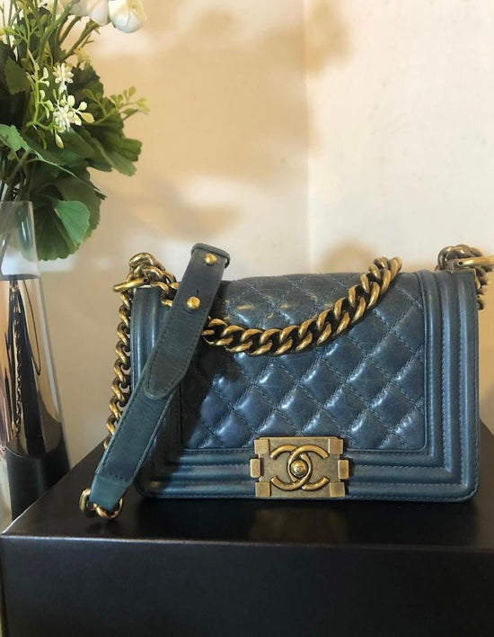 Chanel Blue Quilted Glazed Aged Calfskin Small Boy Bag Antique Gold Hardware
