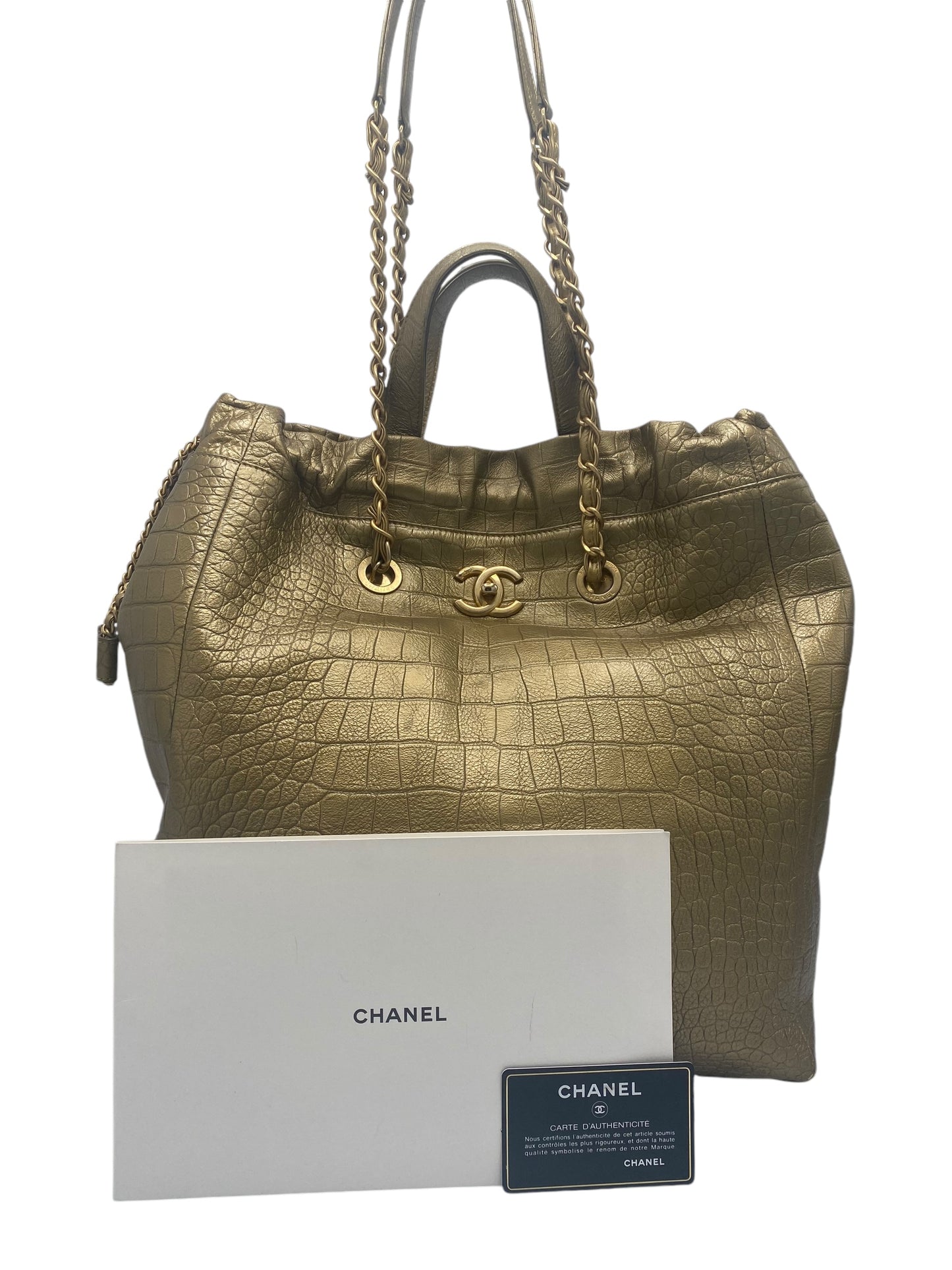 Chanel 19A Paris-New York Egyptian Limited Edition Croc Embossed Gold Leather Shopping Tote