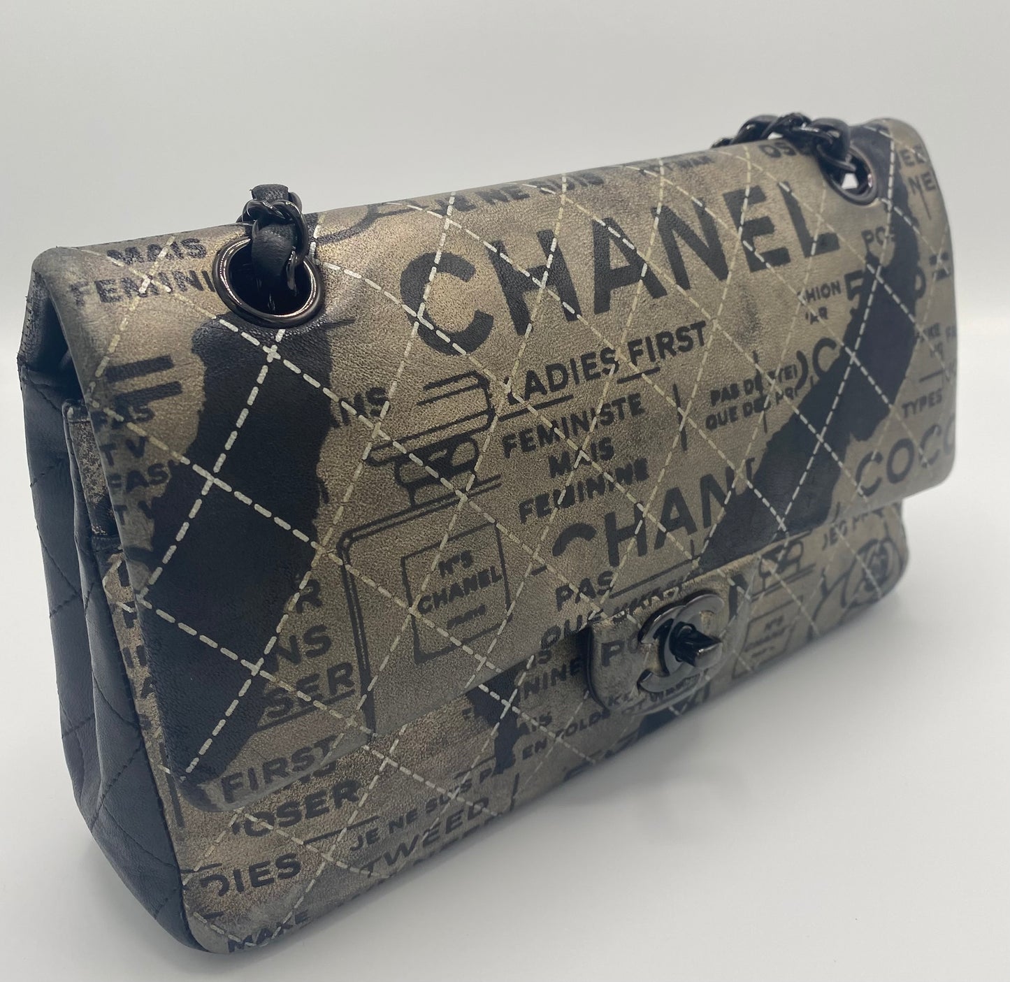 CHANEL 2015 GRAFFITI NEWSPAPER MEDIUM CLASSIC DOUBLE FLAP BAG SO BLACK