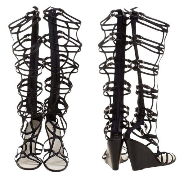 Chanel 2010 Black Leather Interlocking CC Gladiator Wedge Sandals EU 39