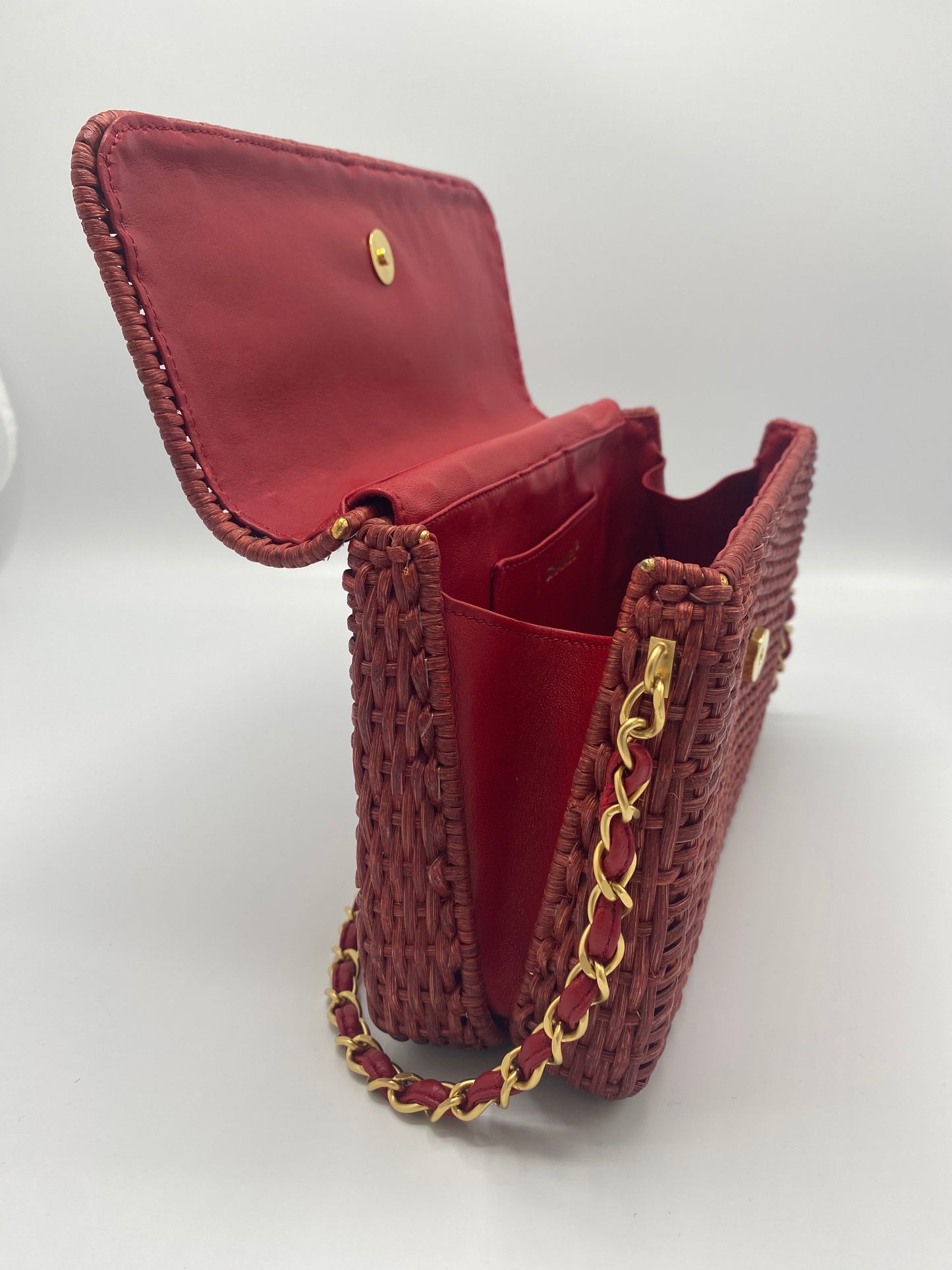 Chanel Extremely Rare 2001 Spring Red Wicker Basket Classic Flap Handbag with Matte Gold Hardware