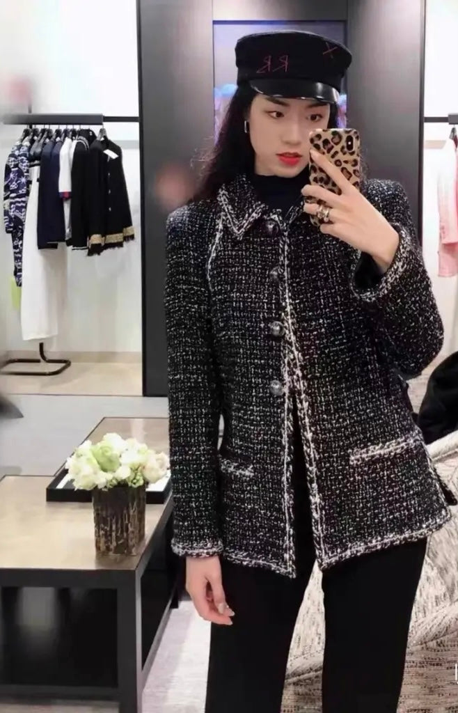 Chanel 17A Space Station Black White Ecru Metallic Fantasy Tweed Jacket FR 38