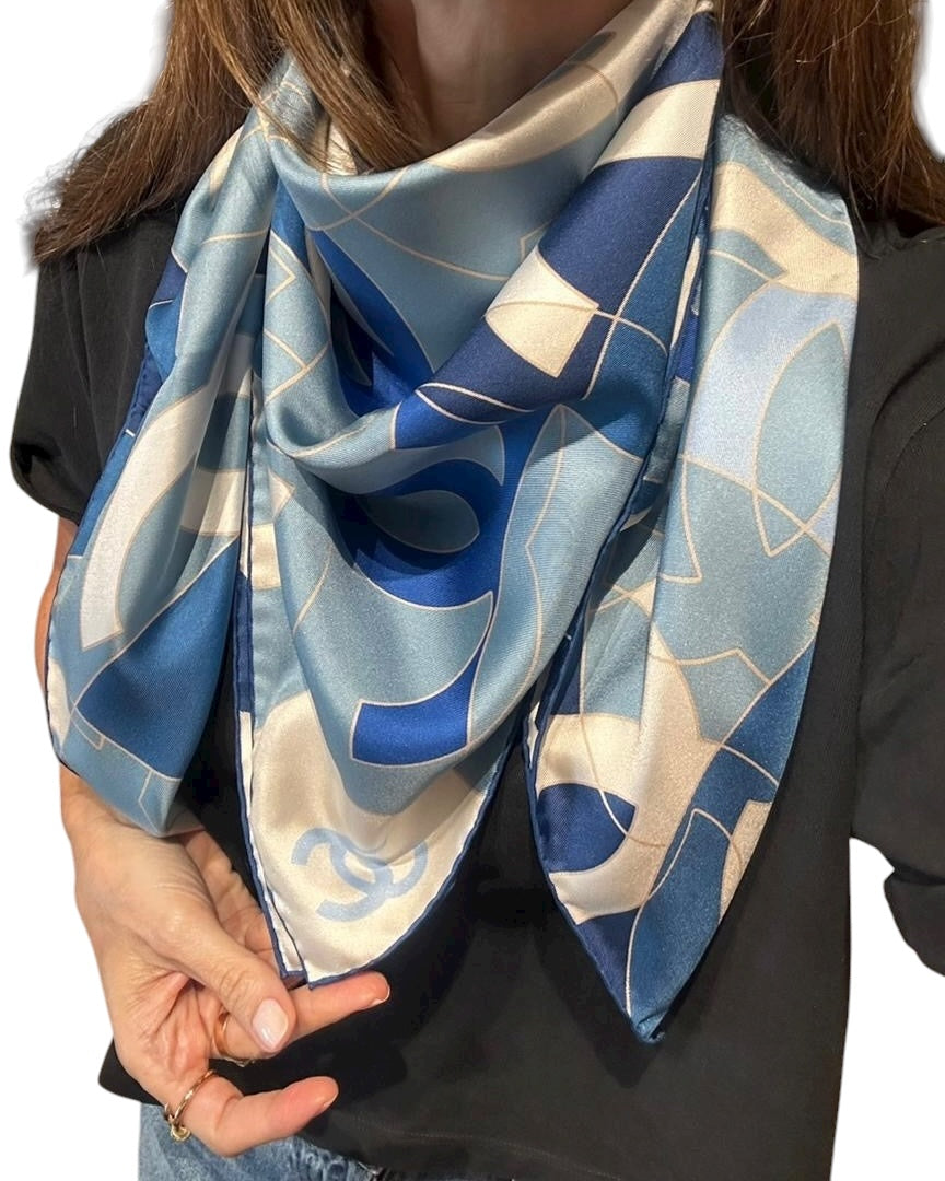 Chanel 2024 Large Blue CC Logo Silk Scarf