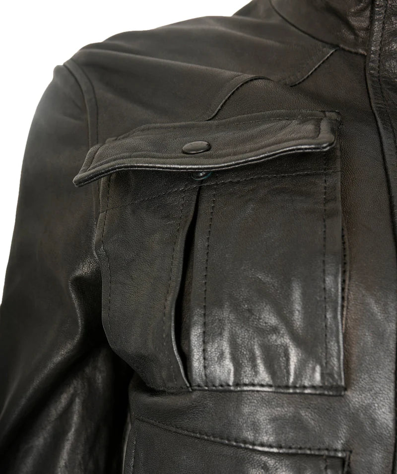 Chanel 07A Runway Black Lambskin Leather Utility Jacket Coat FR 40