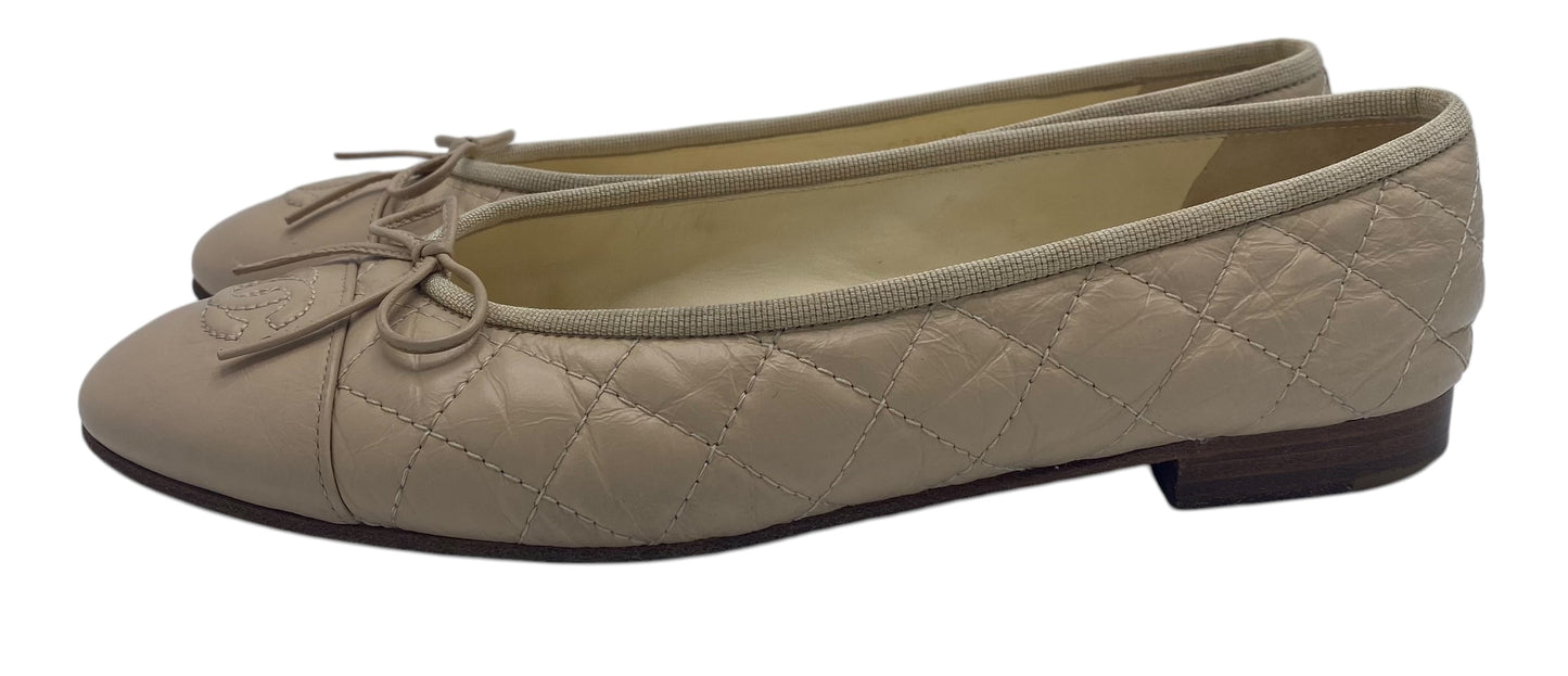 Chanel Beige Quilted Leather CC Bow Ballet Flats EU 38.5
