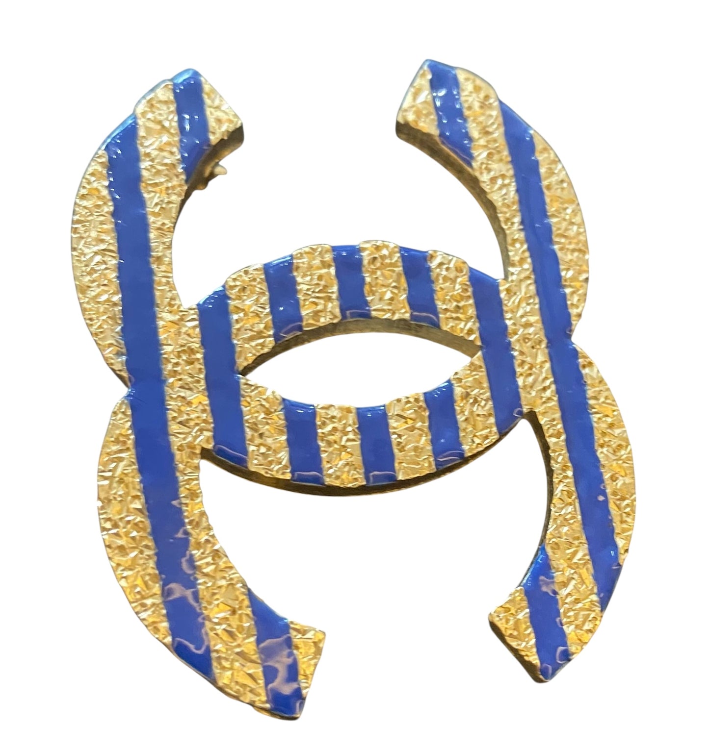 Chanel 19C La Pausa Large Blue Gold Stripe CC Brooch