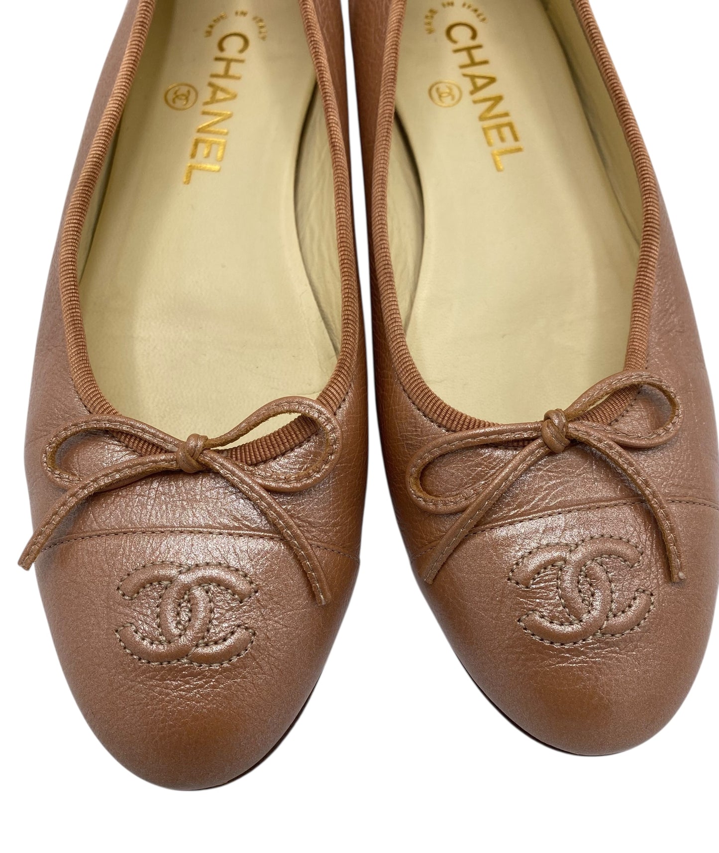 Chanel Rose Gold Leather CC Cap Toe Bow Ballet Flats EU 38C
