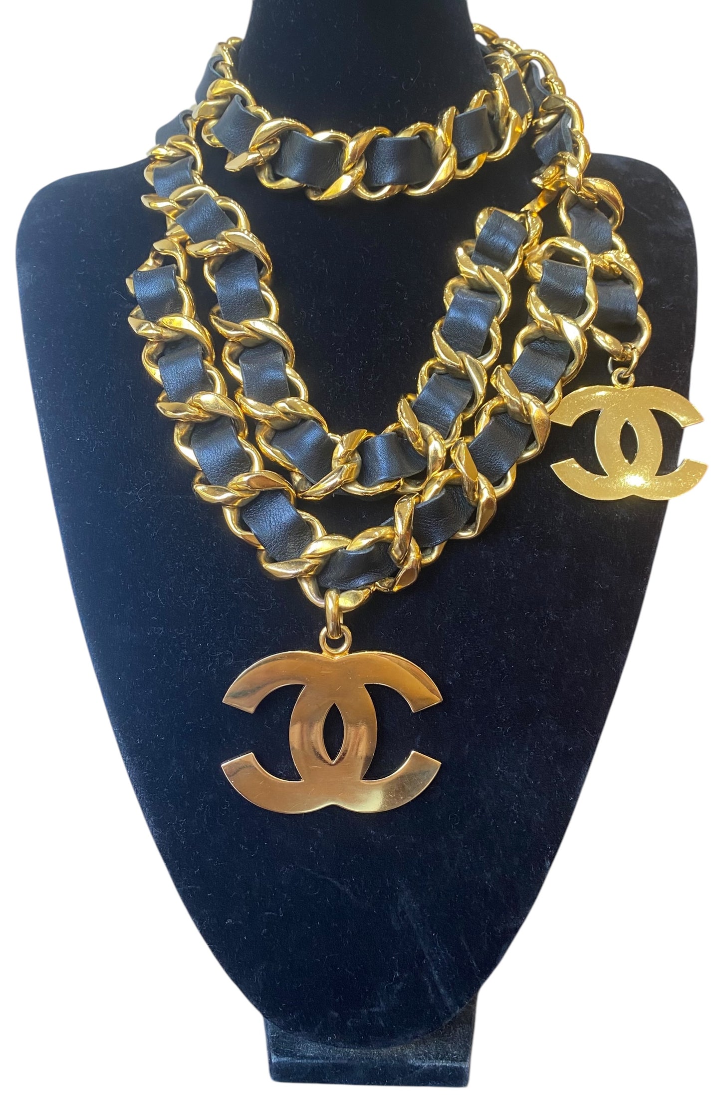 Iconic Vintage Chanel 93P Jumbo Gold Chain CC Logo Black Leather Belt Necklace