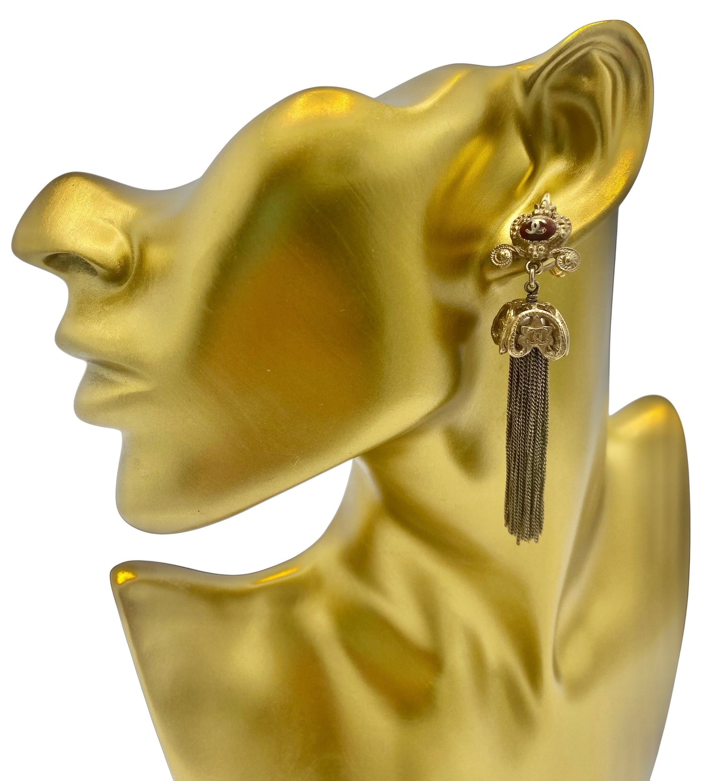 RARE Chanel 10A Paris Shanghai Gold-Tone Red Enamel Long Chain Tassel Drop Earrings
