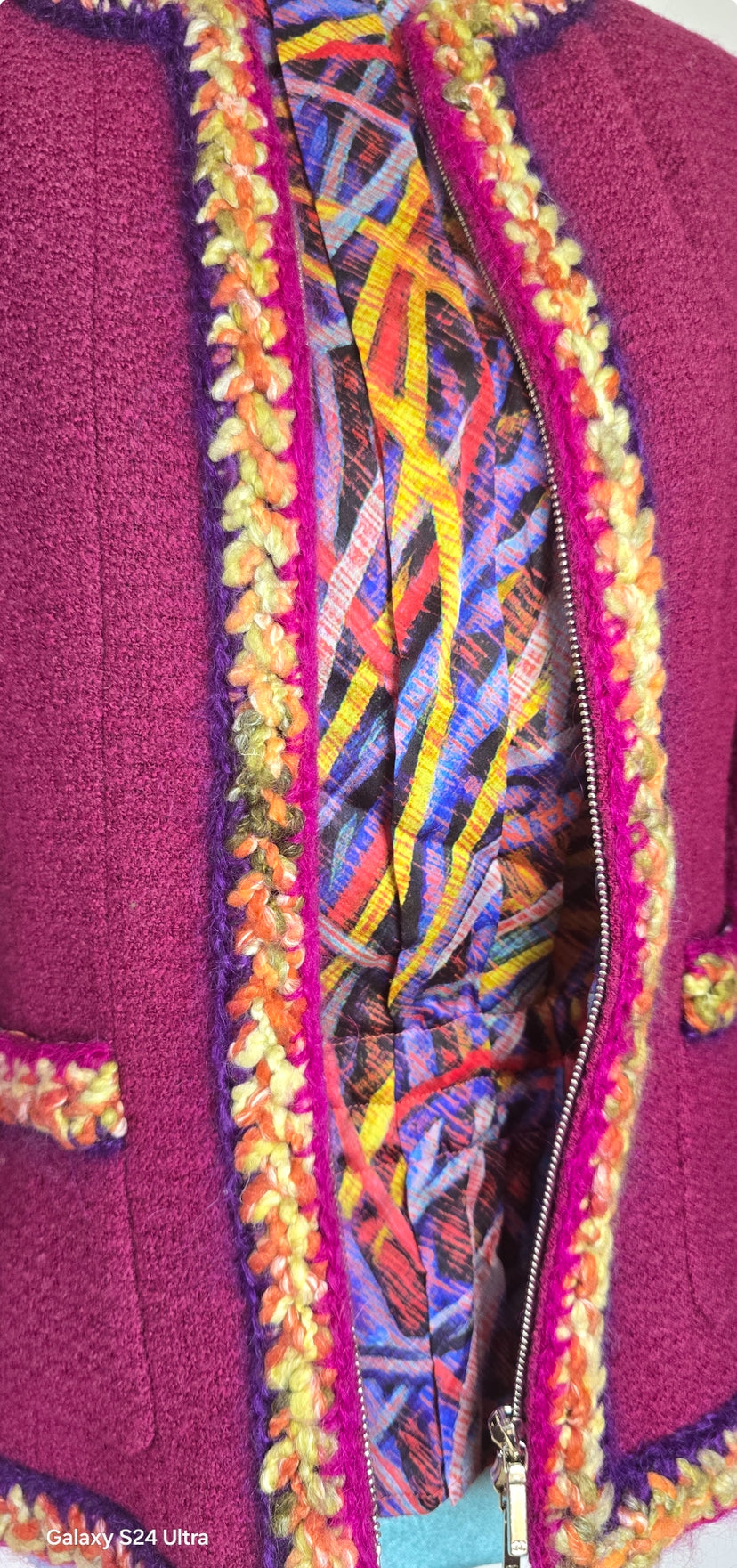 Chanel 14A Supermarket Collection Raspberry Jacket FR 38 and Multicolor Matching Silk Blouse SET FR 38