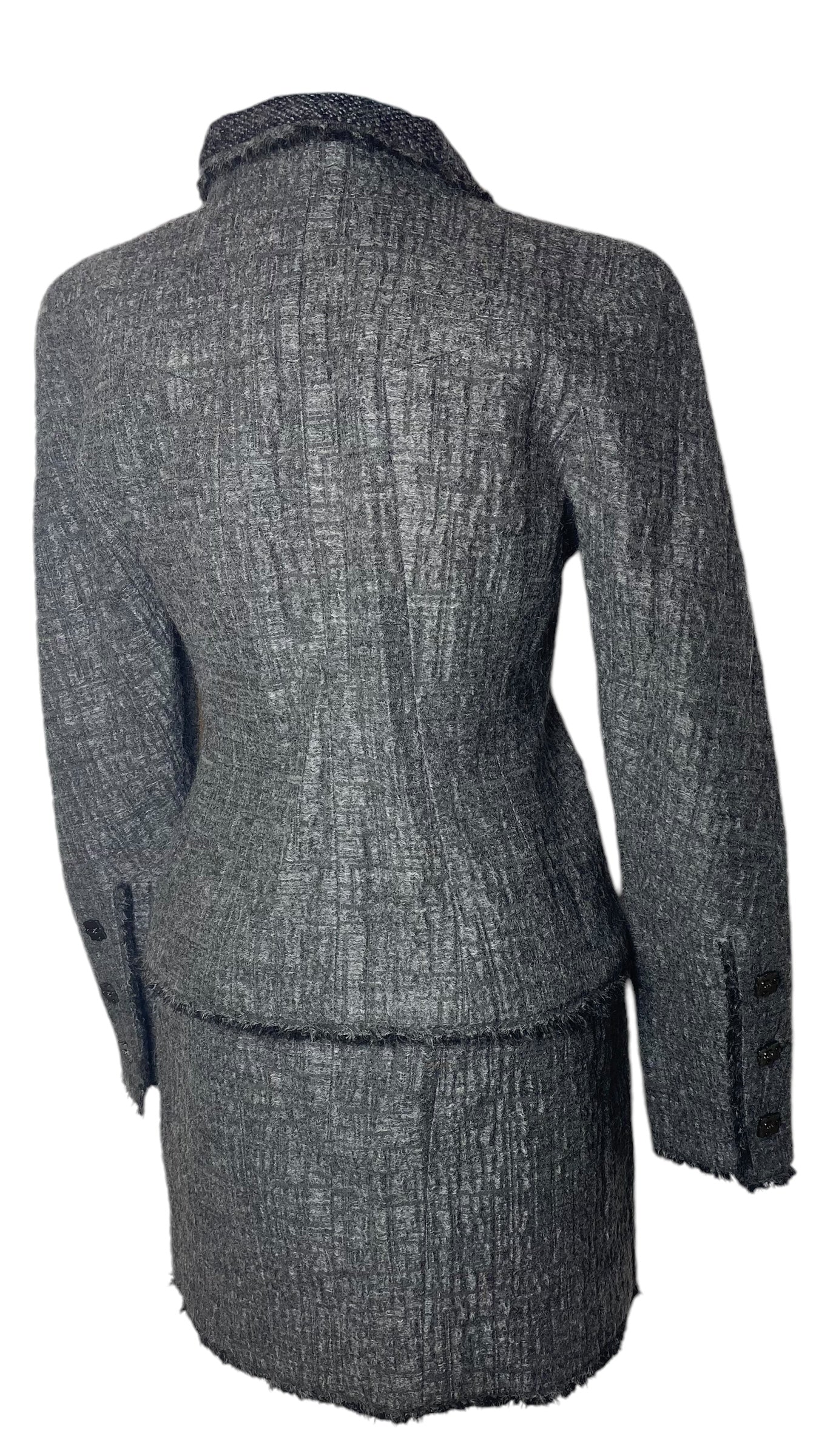 Chanel 11A Textured Gray Asymmetrical Wool Jacket Matching Skirt Suit FR 38