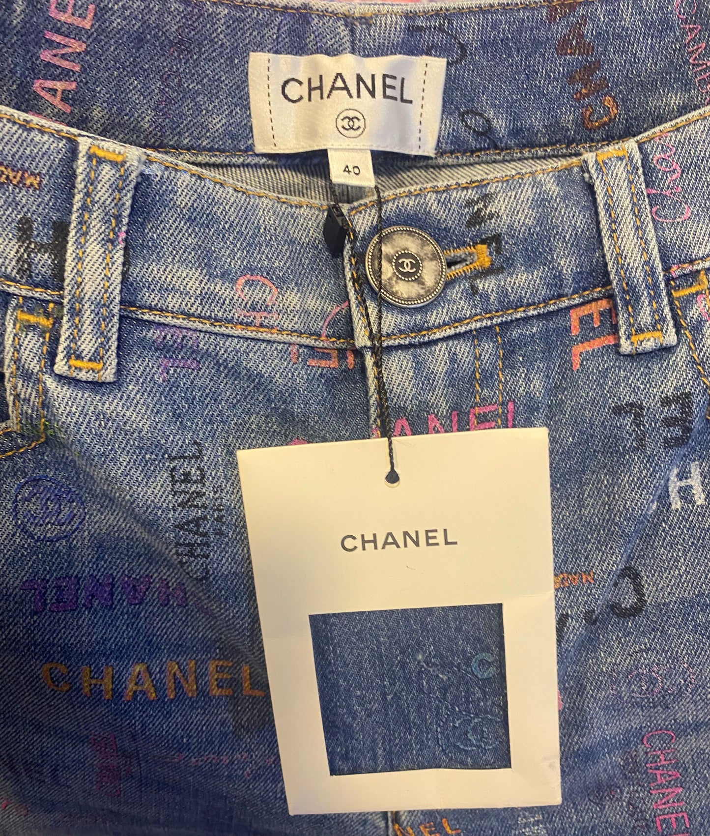 CHANEL 22P Blue & Multicolor Printed Stretch Denim Jeans FR 40