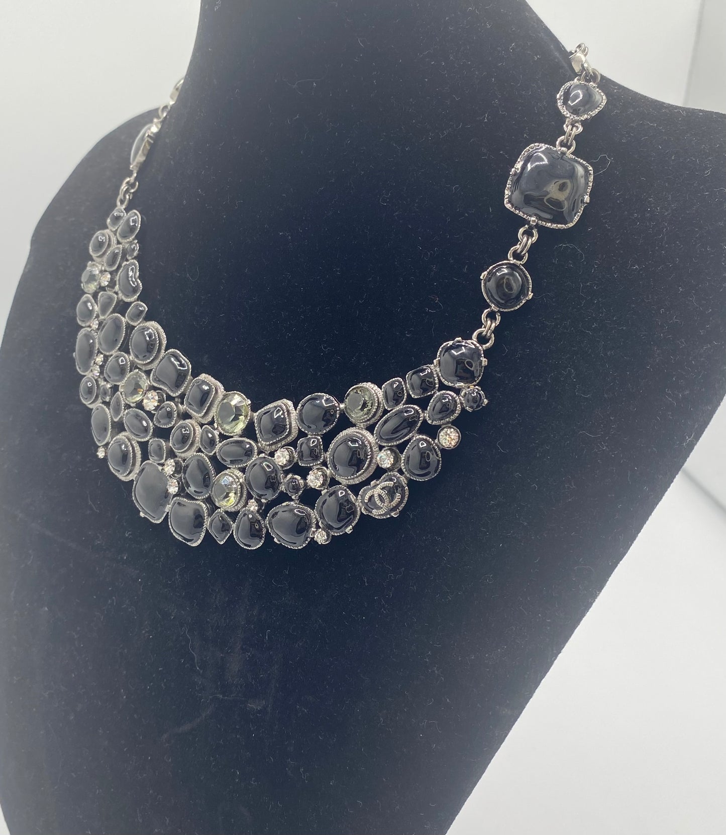 Rare Chanel 08A Black Crystals CC Gripoix Bib Collar Necklace