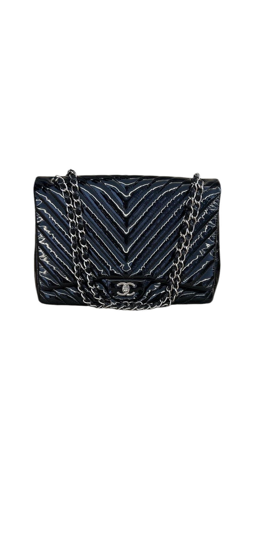 Chanel Black Maxi Patent Chevron Classic Flap Bag