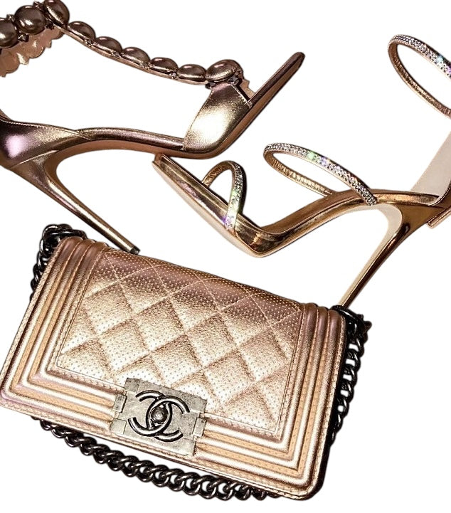 Chanel 15C Paris Dubai Rose Gold Metallic Calfskin Perforated Small Boy Flap Bag