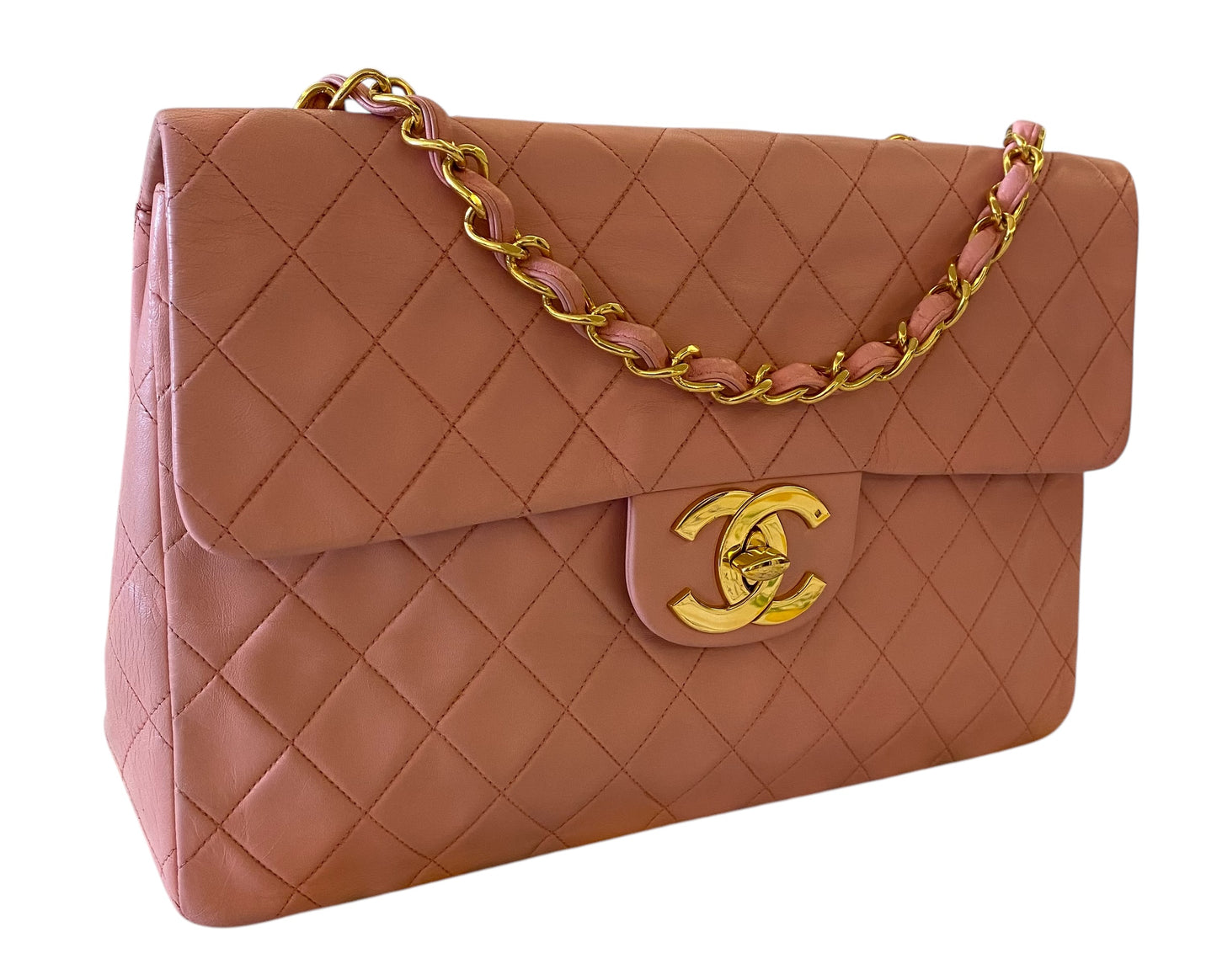 Chanel Vintage 90’s Barbie Pink Lambskin Maxi 24K Gold Hardware