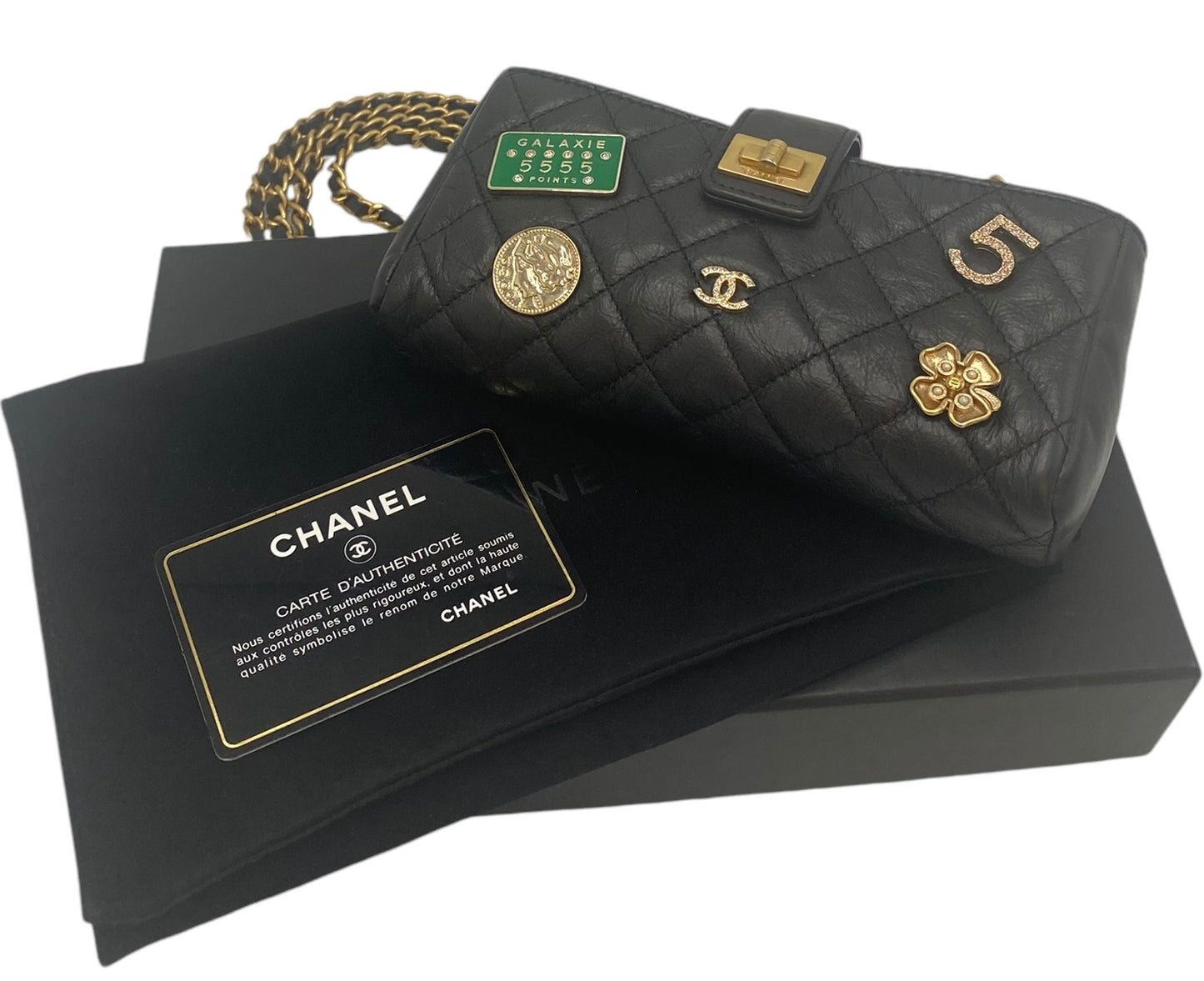 Chanel 2016 Limited Edition 2.55 Reissue Quilted Aged Calfskin Lucky Charm Casino Crossbody Mini Clutch with Chain