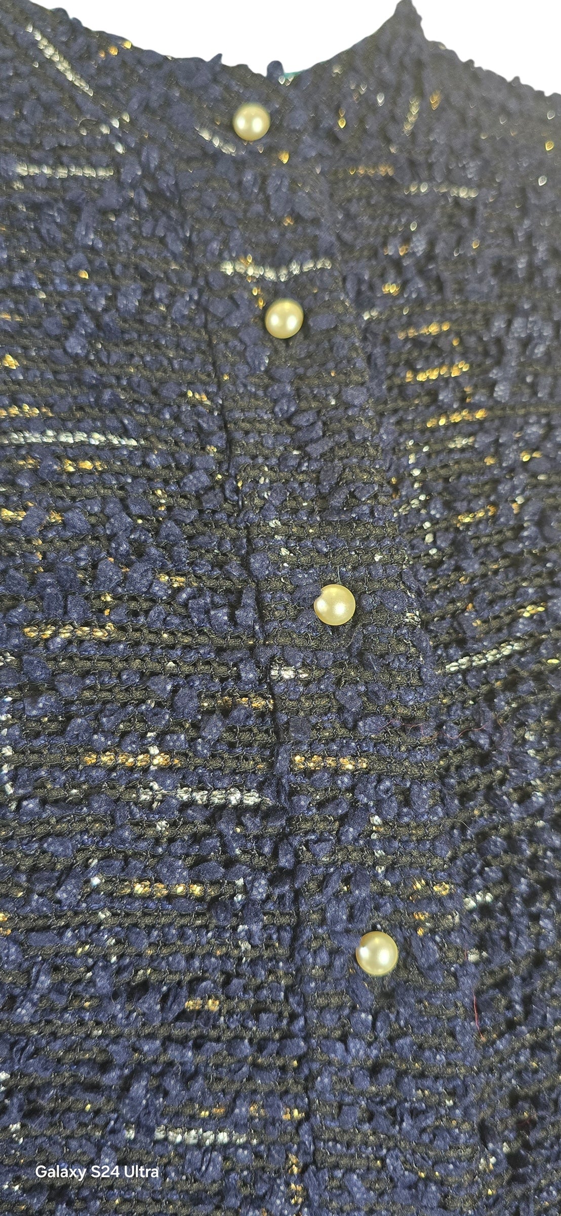Chanel 04P Navy & Black Lesage Tweed Pearls CC Logo Button Blazer Jacket FR 42