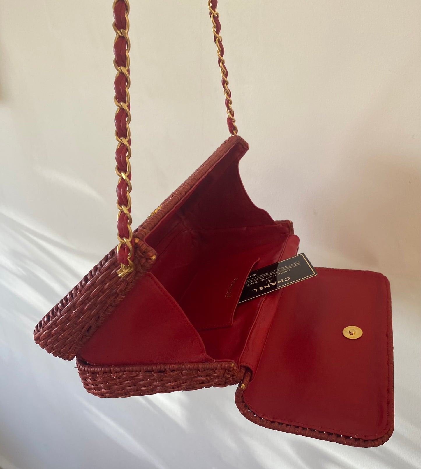 Chanel Extremely Rare 2001 Spring Red Wicker Basket Classic Flap Handbag with Matte Gold Hardware