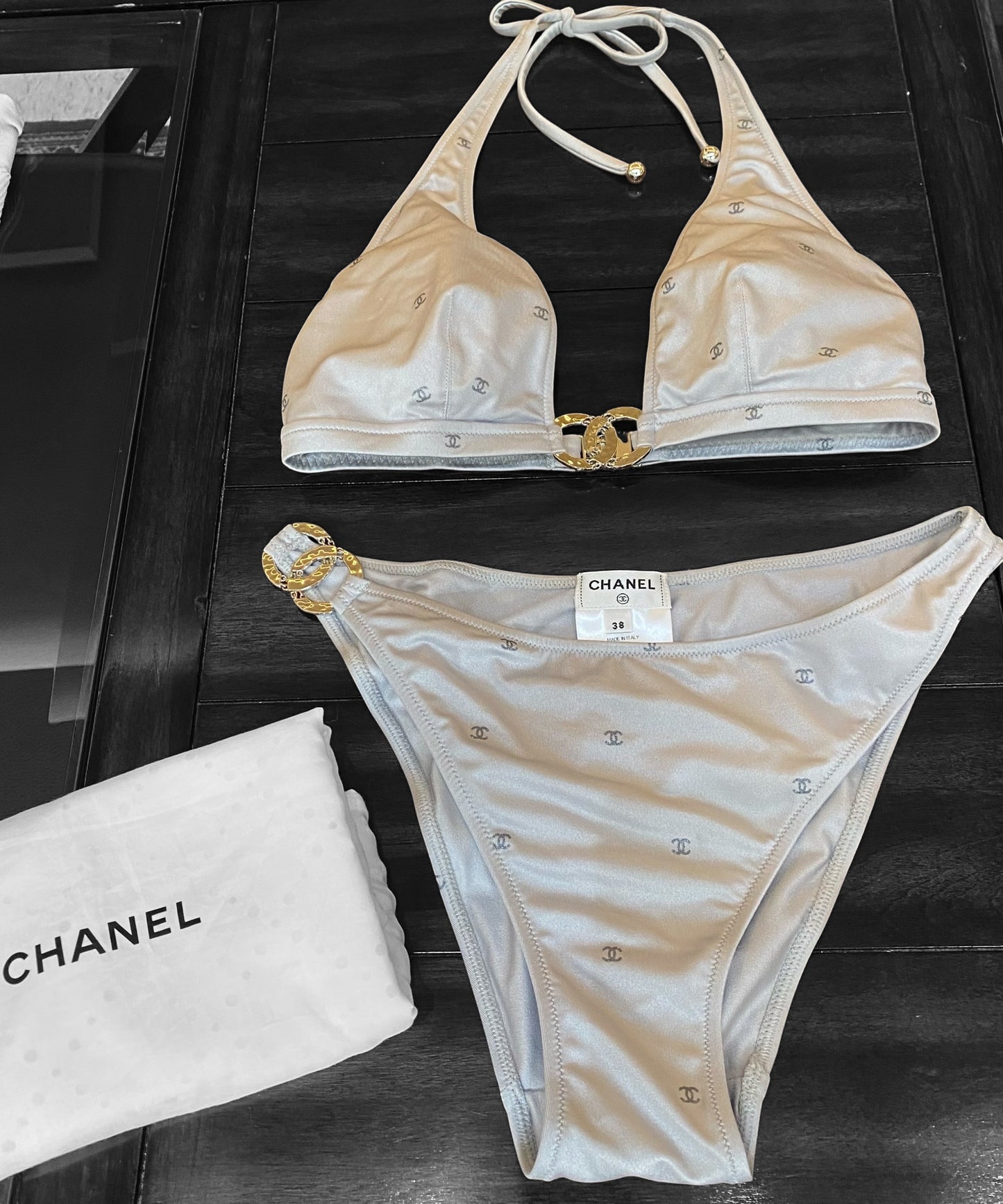 Chanel 2024 Coco Beach Silver CC Logo Bikini Two Piece Swim Suit FR 38