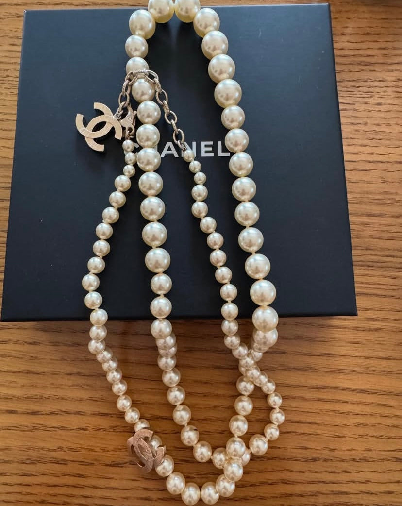 Chanel 14A Supermarket Collection Classic Pearl CC Long Strand Gold Tone Necklace