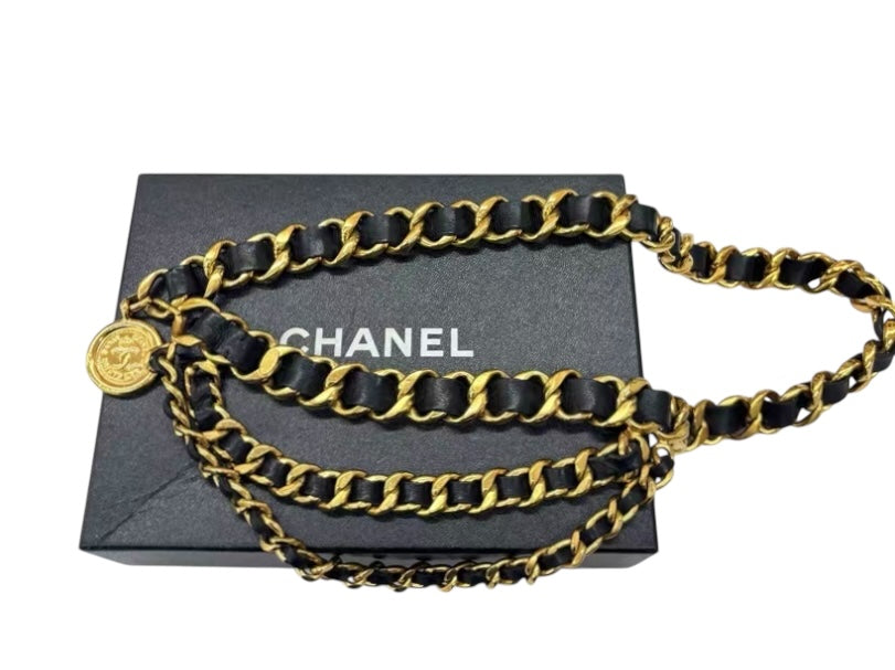Chanel Vintage 93P Jumbo 3 Strand Black Golds Leather Belt