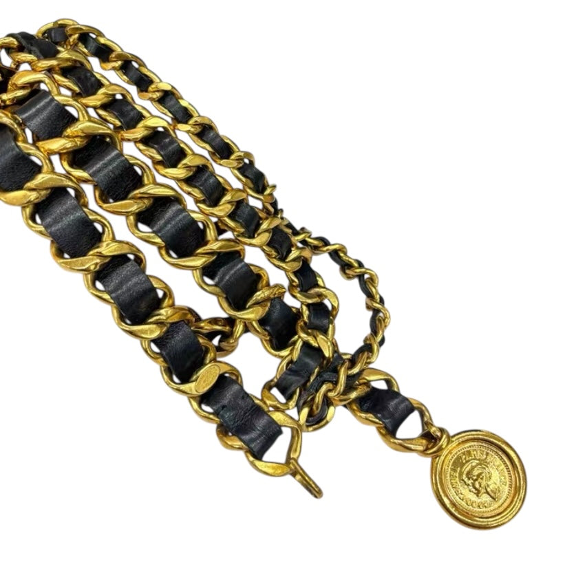 Chanel Vintage 93P Jumbo 3 Strand Black Golds Leather Belt