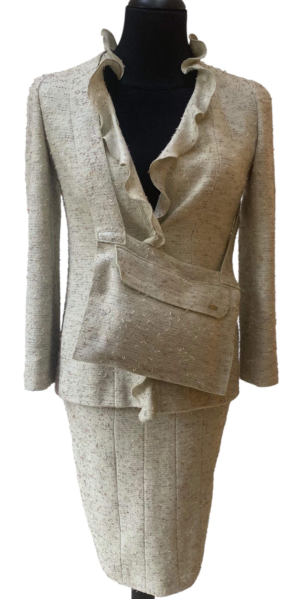 Rare 3 Piece SET Chanel 99A Mint Green Tweed Skirt Suit Matching Crossbody Bag FR 42
