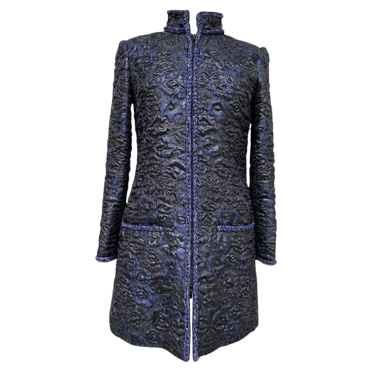 Chanel 16A Paris Rome Black Navy Metallic Camellia Jacquard Braid Long Coat Jacket FR 38