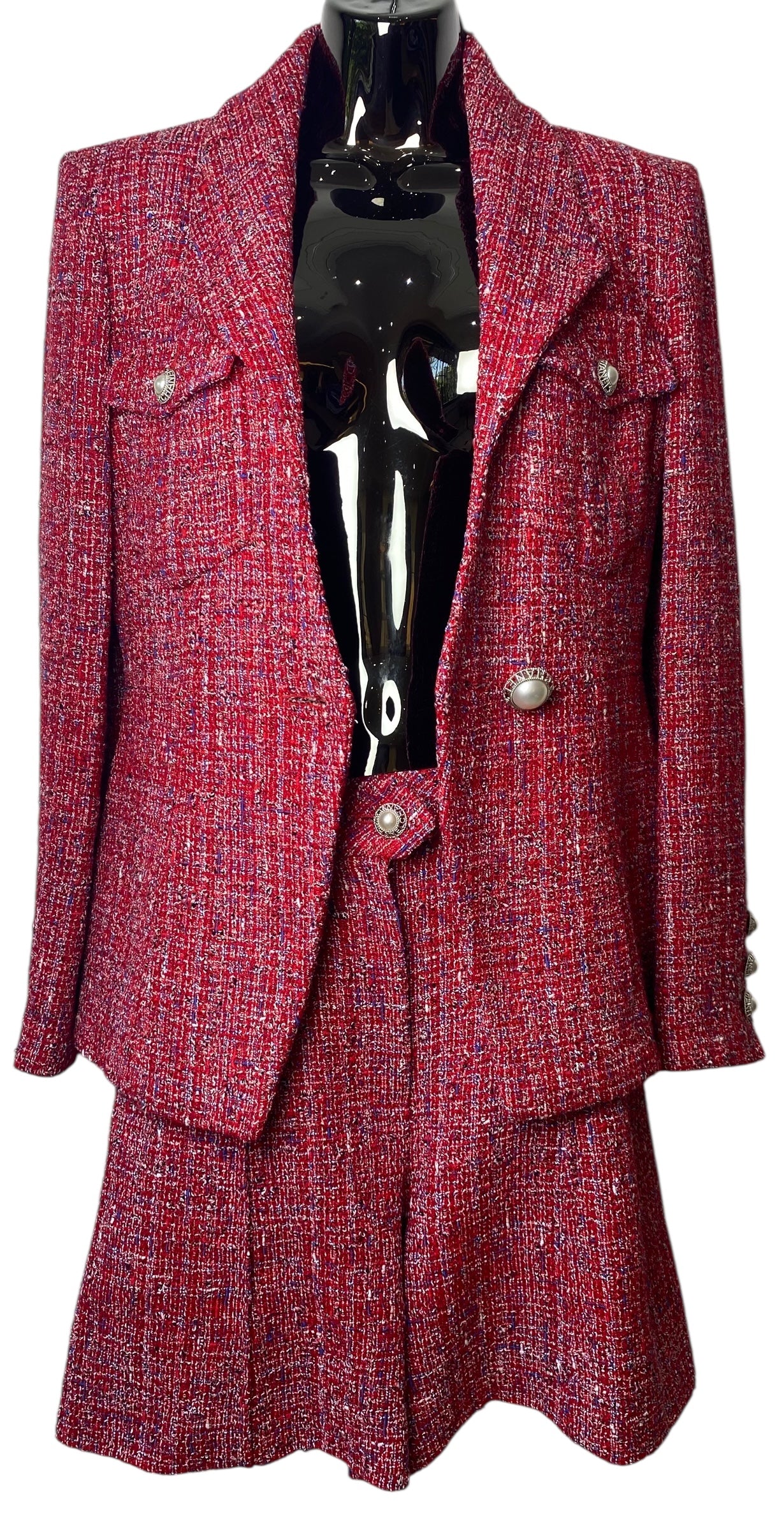 Chanel 19C La Pausa Red Tweed Pearl Shorts FR 36