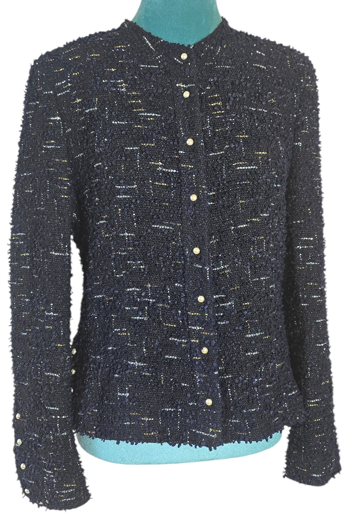 Chanel 04P Navy & Black Lesage Tweed Pearls CC Logo Button Blazer Jacket FR 42