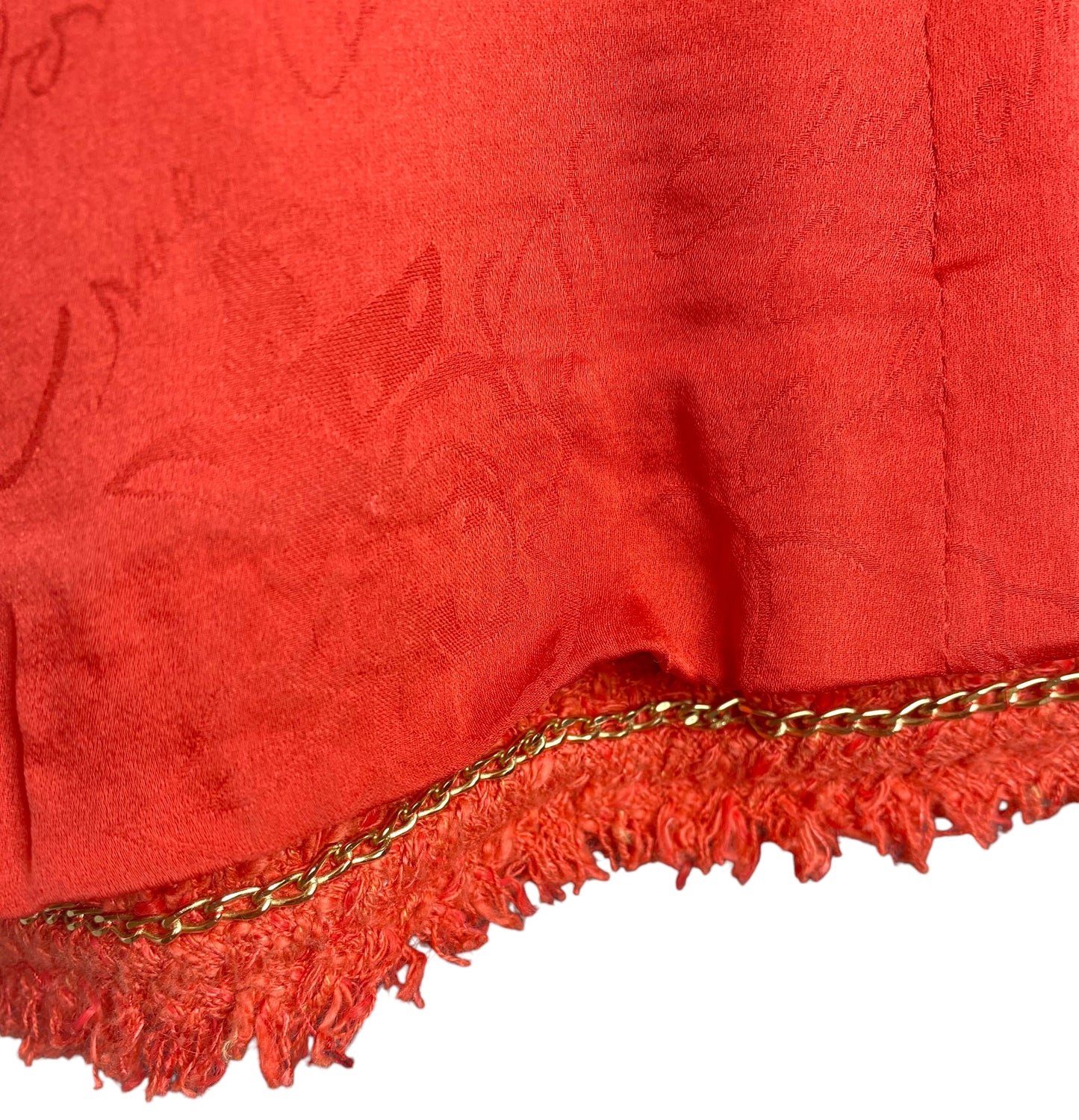 Chanel 10P Runway Red Boucle Tweed Fringe Jacket FR 44