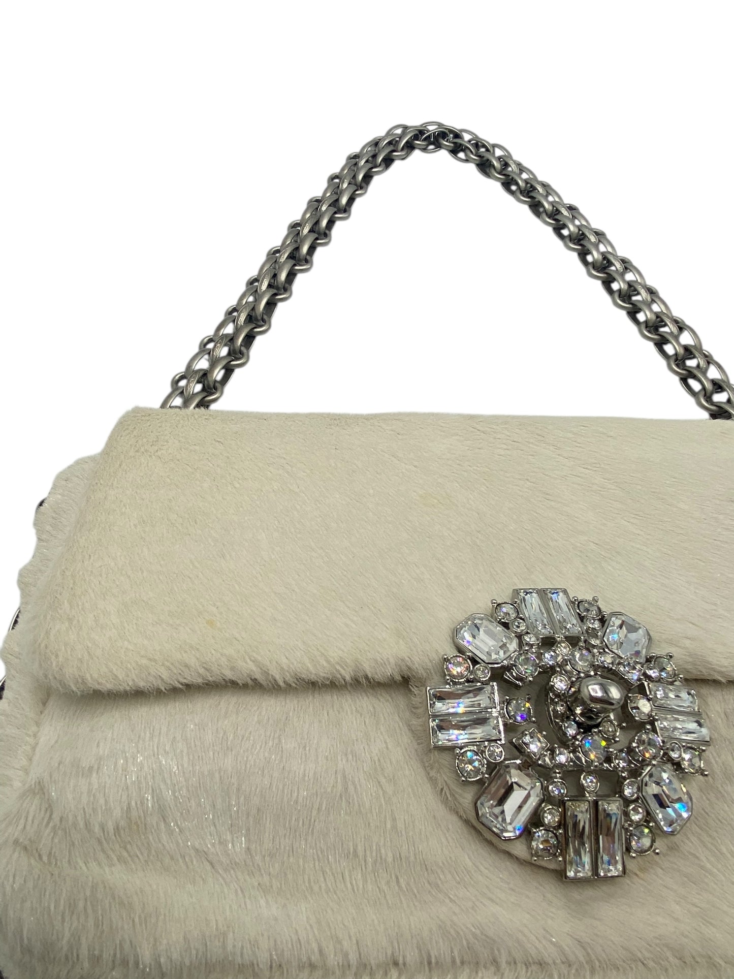 Rare Chanel White Shimmer Pony Hair Swarovski Crystal Chain Around Classic Medium Flap Bag