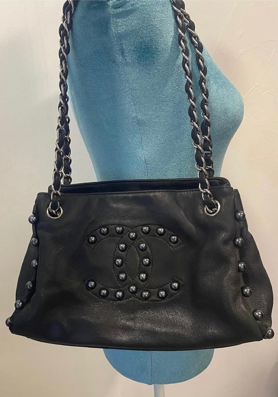 Chanel Small Black Soft Lambskin Leather Pearl Obsession Tote SHW