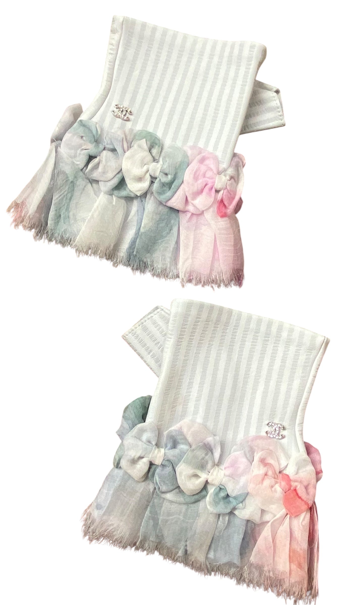 NIB Rare Chanel 13C Paris-Versailles Mint Green Leather Silk Bows CC Fingerless Gloves Size 7.5