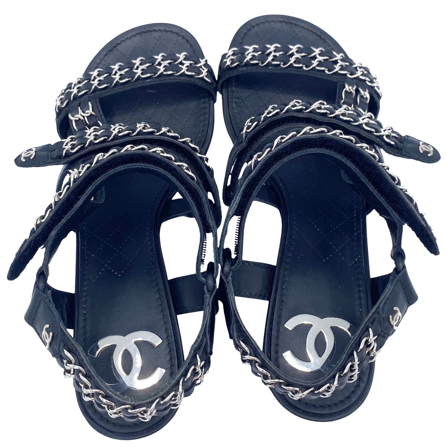 Chanel 2019 Black Leather Chain Link CC SlingBack Sandal Heels EU 40