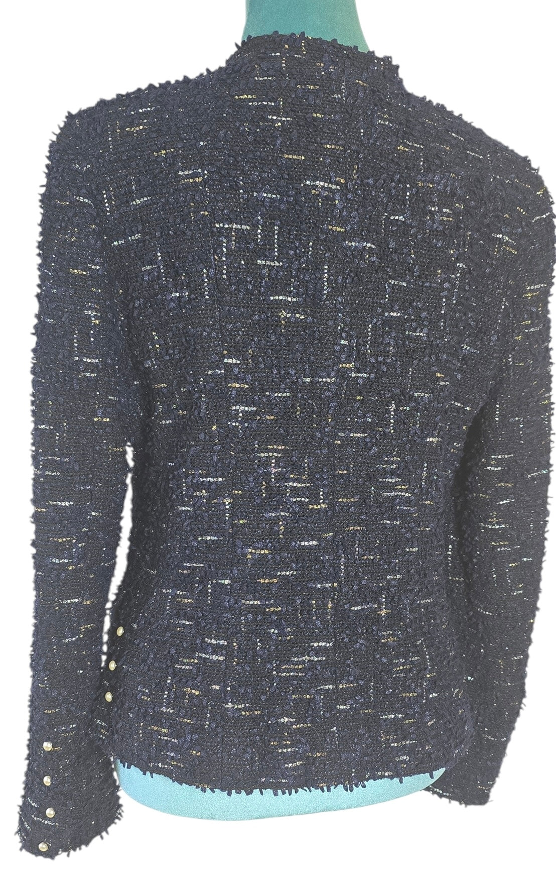 Chanel 04P Navy & Black Lesage Tweed Pearls CC Logo Button Blazer Jacket FR 42