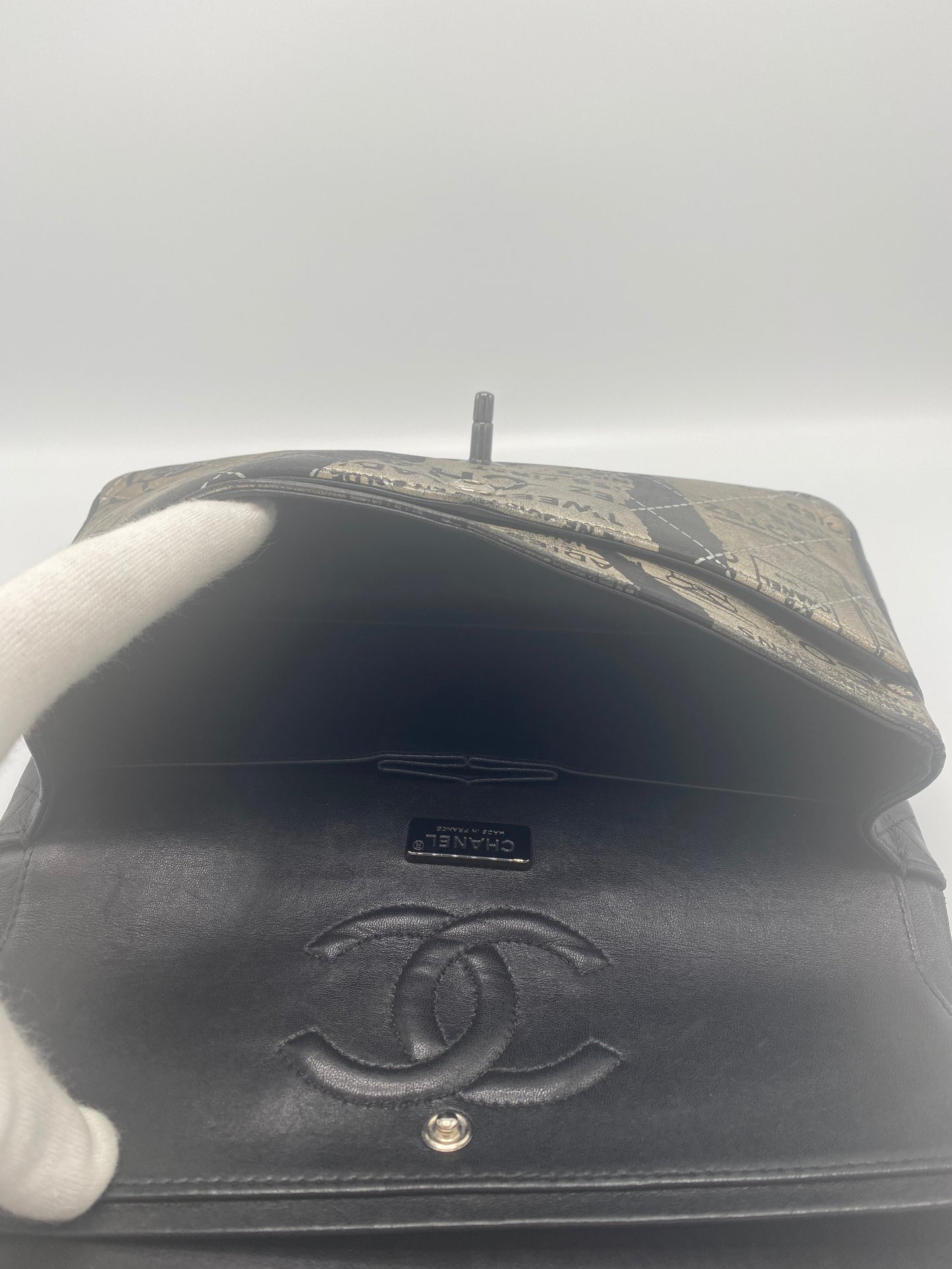 CHANEL 2015 GRAFFITI NEWSPAPER MEDIUM CLASSIC DOUBLE FLAP BAG SO BLACK