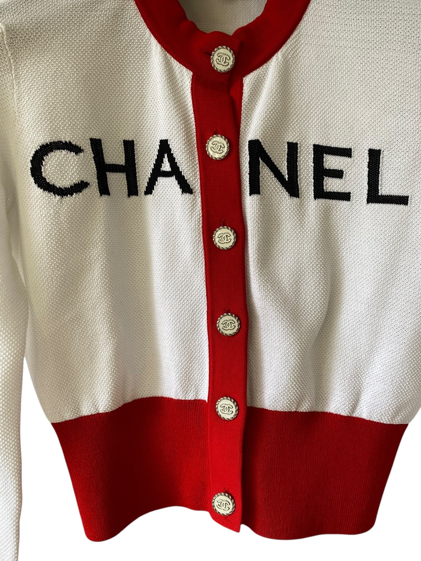 Chanel 19S Iconic White Red Cropped Cardigan Sweater FR 38