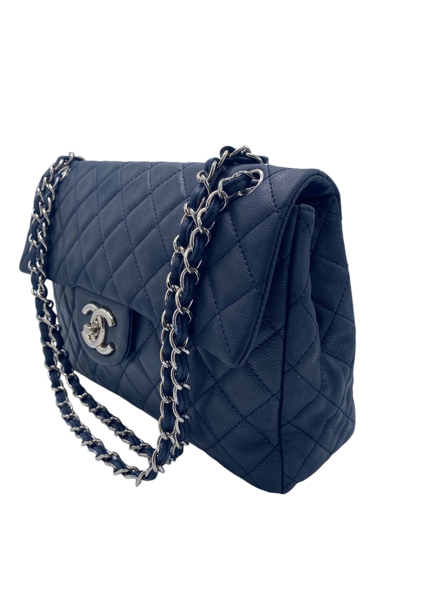 Chanel Navy Blue Soft Caviar Maxi Classic Flap Bag Silver Hardware SHW