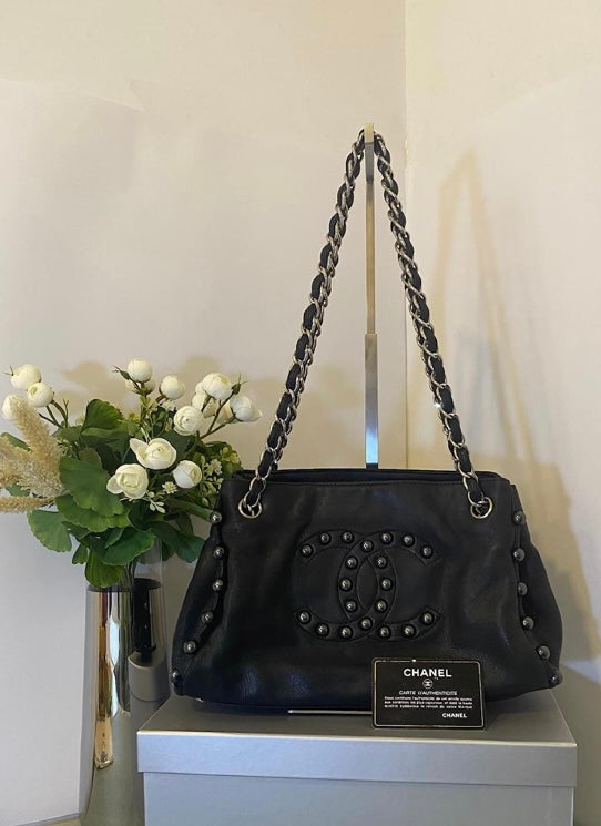 Chanel Small Black Soft Lambskin Leather Pearl Obsession Tote SHW